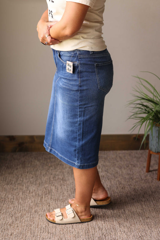 Medium Wash Grey Stitch Stretch Denim Skirt