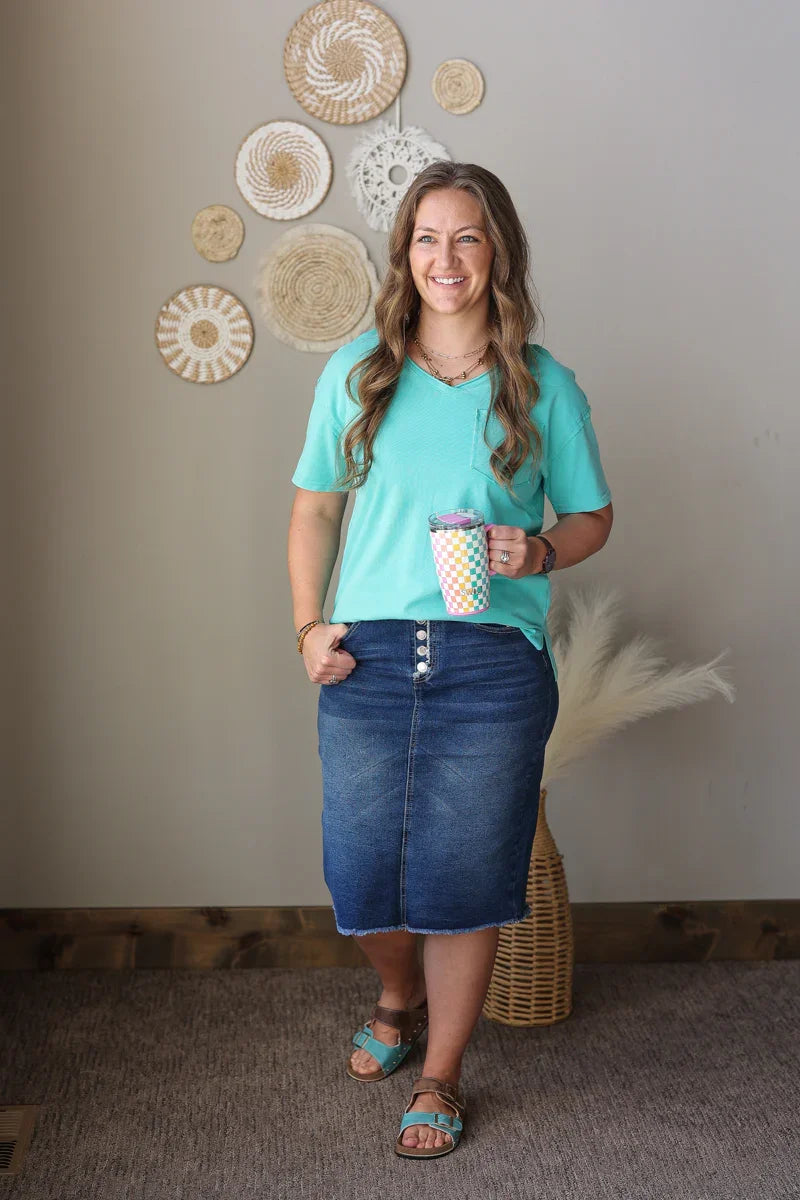 mint turquoise mineral vneck everyday top for mom outfits summer casual with denim skirt and sandals