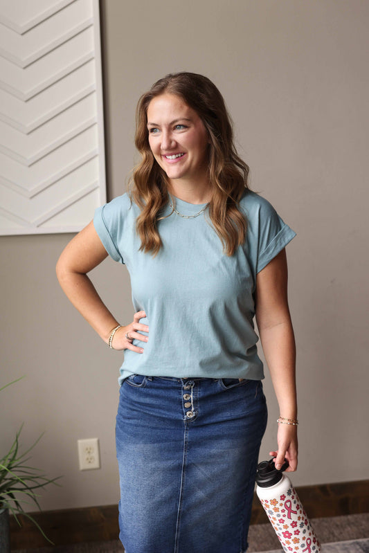 Blue Grey Crewneck Rolled Sleeve Tee