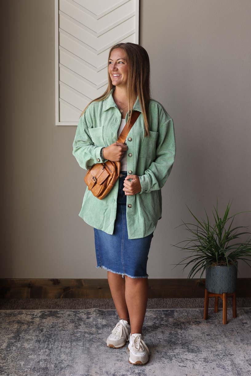 Mist Green Corduroy Shacket, S-2XL PLUS