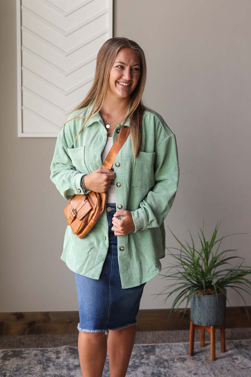 Mist Green Corduroy Shacket, S-2XL PLUS