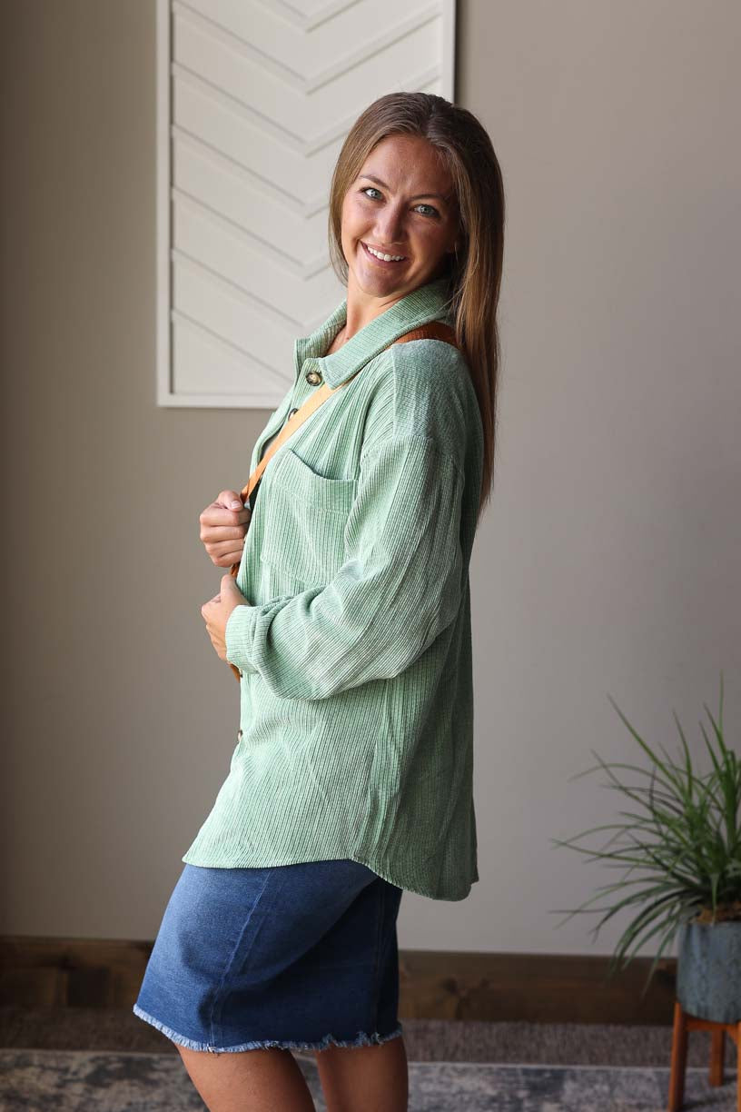 Mist Green Corduroy Shacket, S-2XL PLUS