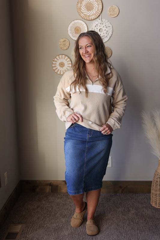 Parchment Fleece Colorblock Zippered Pullover Top