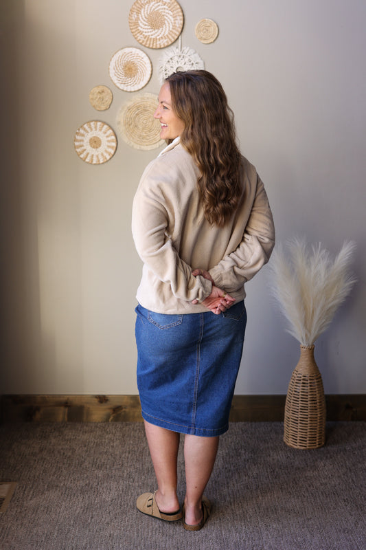 Parchment Fleece Colorblock Zippered Pullover Top