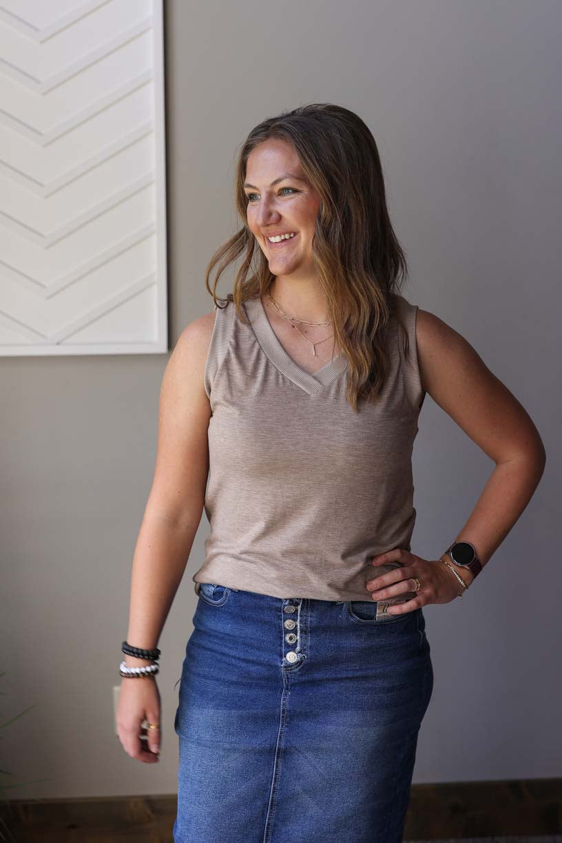 Taupe Ribbed V-Neck Tank