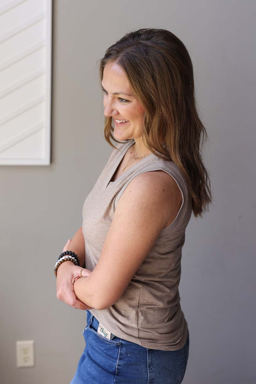 Taupe Ribbed V-Neck Tank