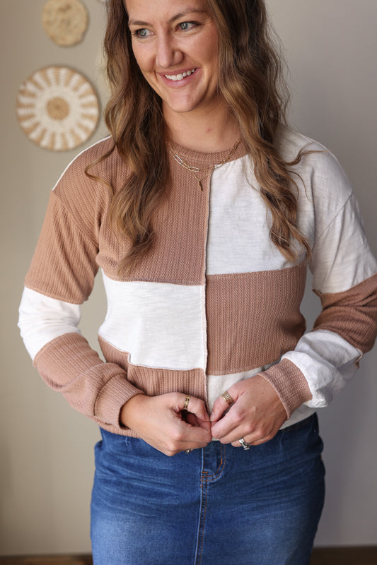 Dark Khaki Colorblock Checkered Top