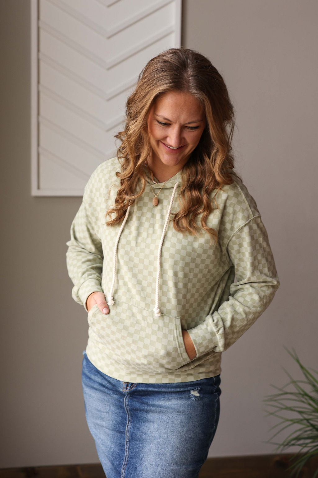 Mint Checkered Kangaroo Pocket Hoodie, Sm