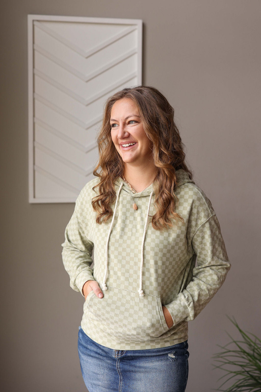 Mint Checkered Kangaroo Pocket Hoodie, Sm