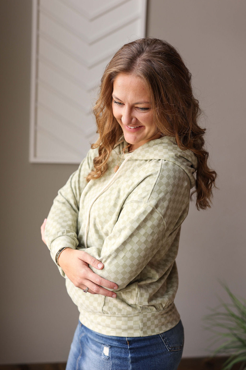 Mint Checkered Kangaroo Pocket Hoodie, Sm