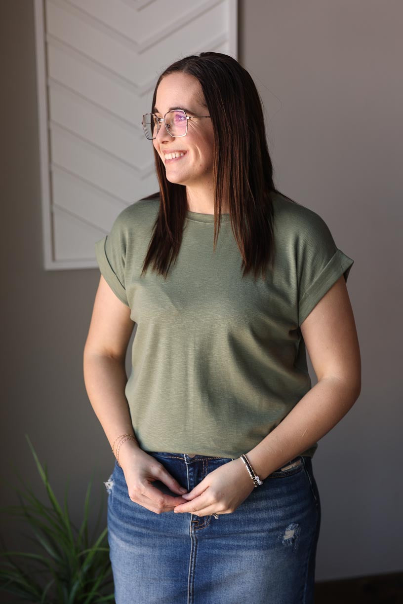 Lt. Olive Cotton Rolled Sleeve Tee