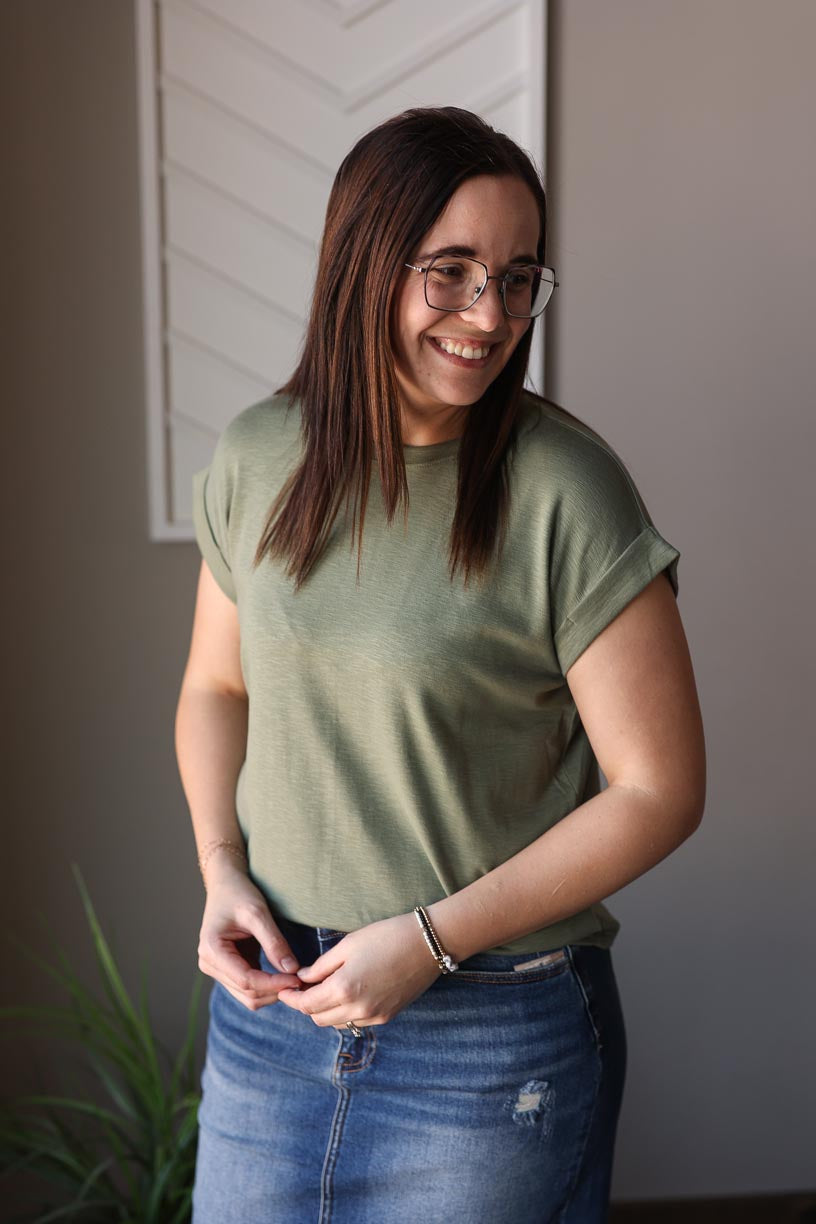 Lt. Olive Cotton Rolled Sleeve Tee