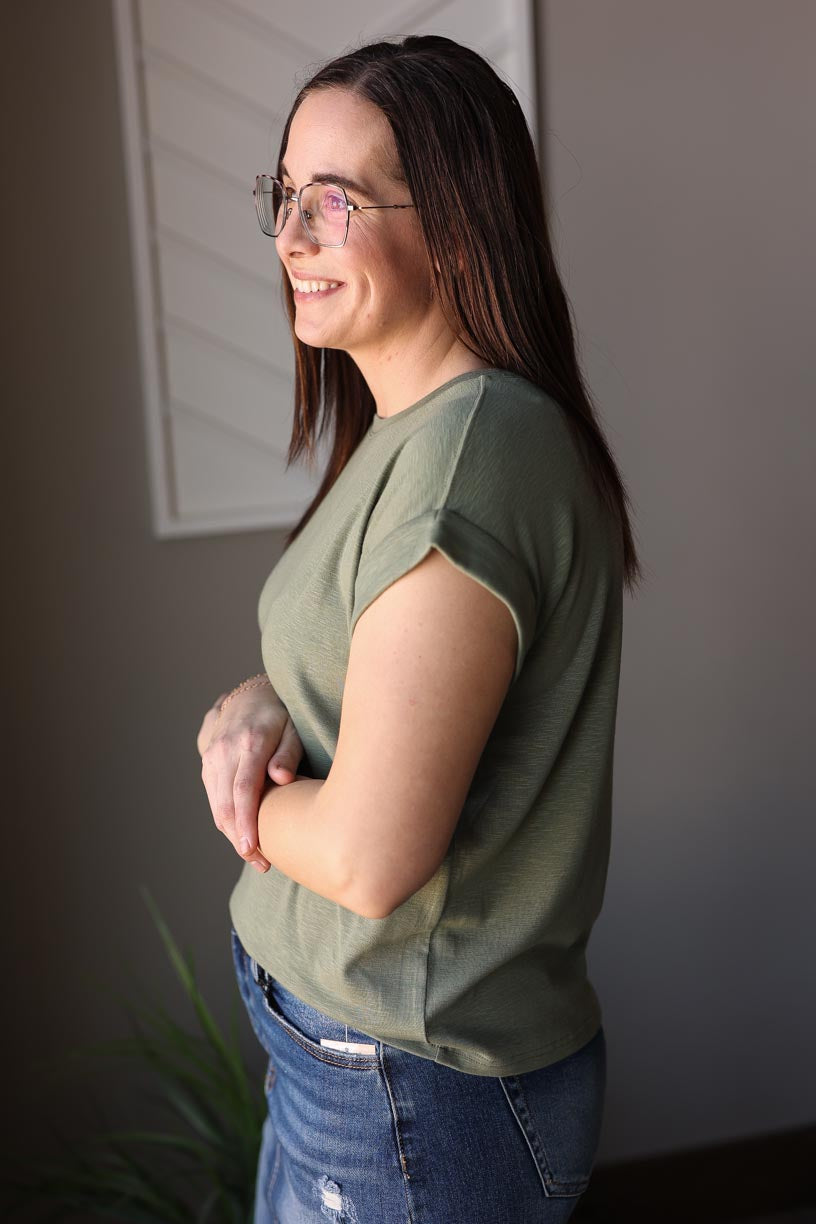 Lt. Olive Cotton Rolled Sleeve Tee