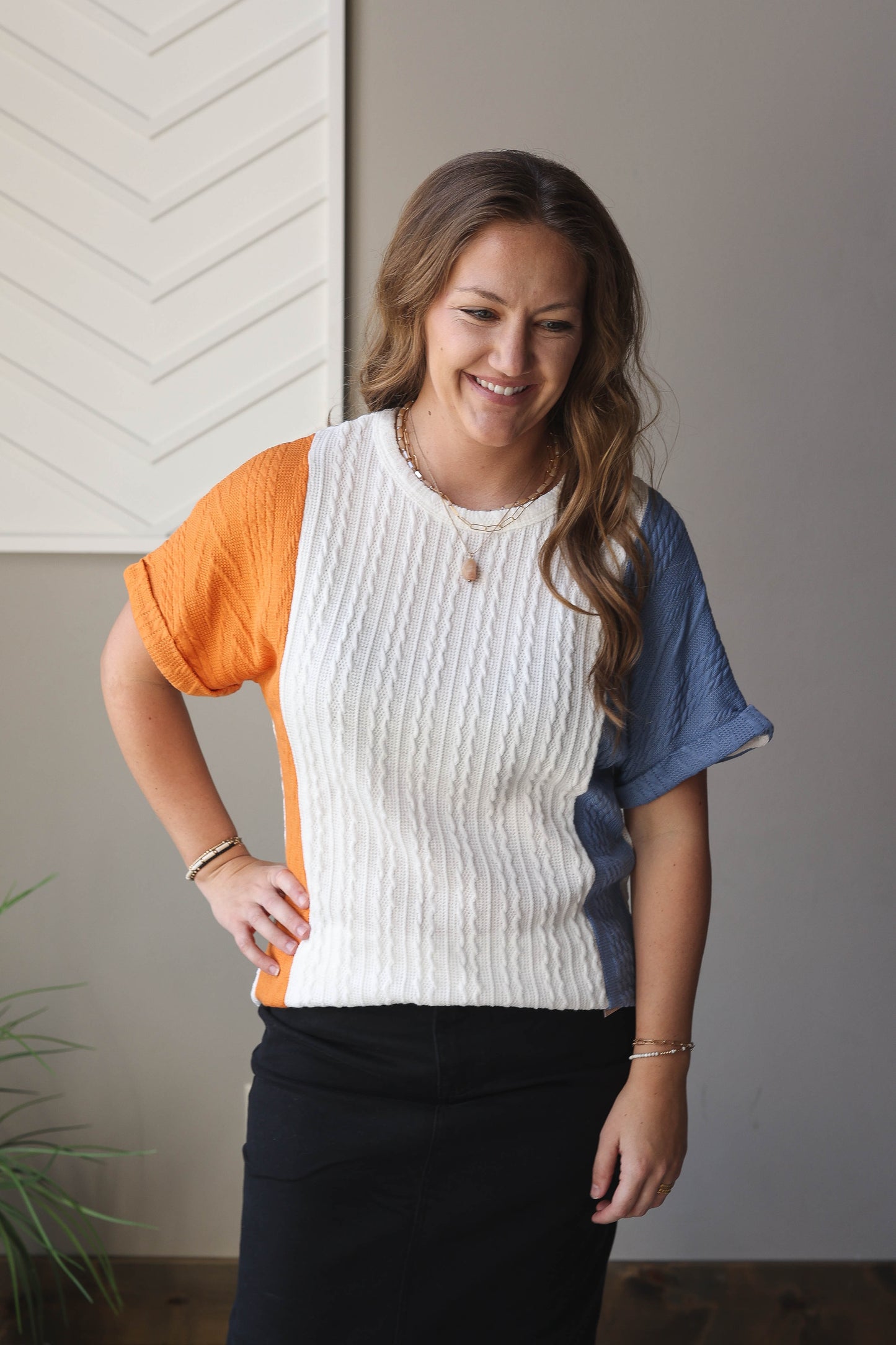 Blue Textured Colorblock Top; XL