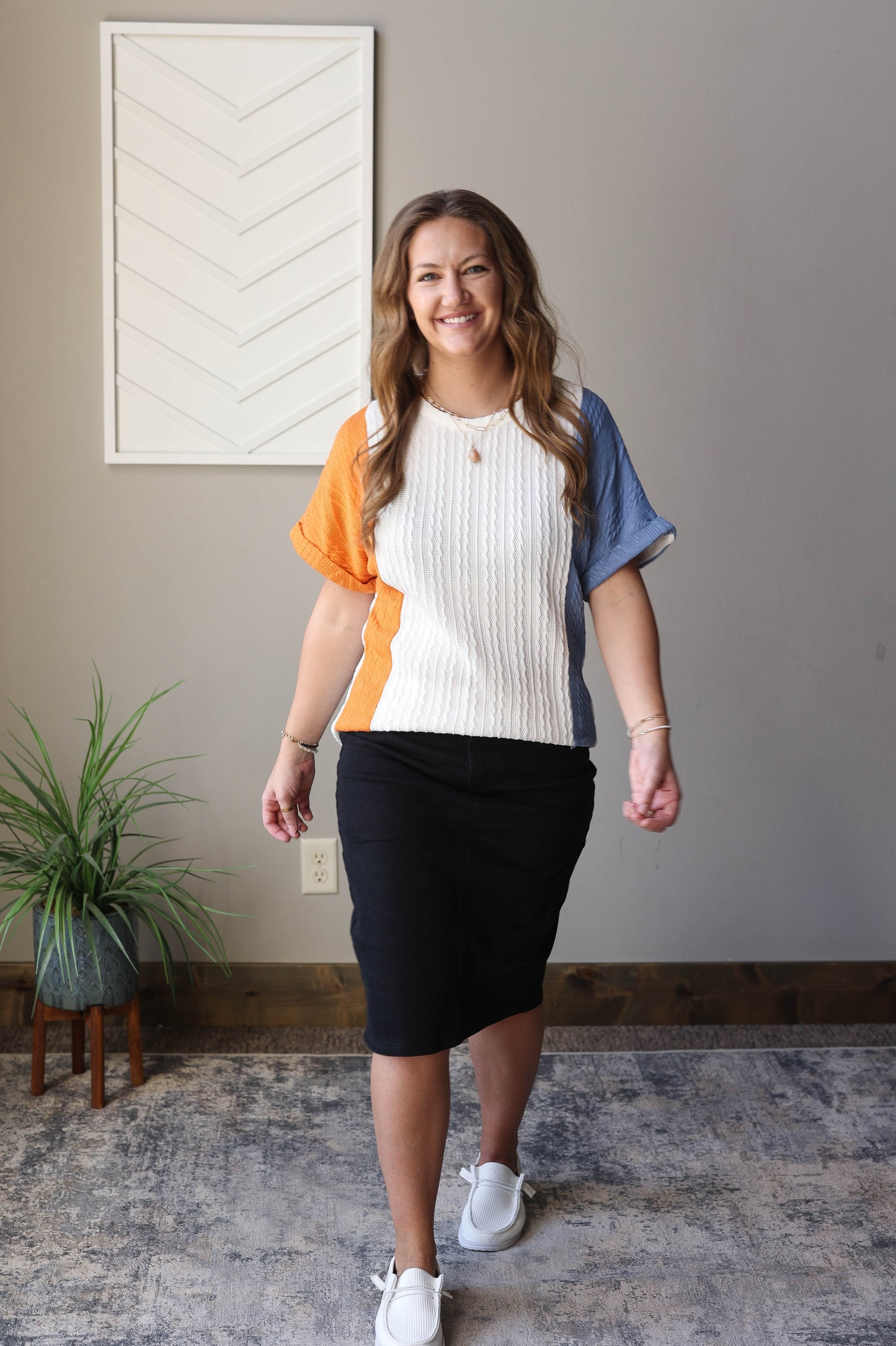 Blue Textured Colorblock Top; XL