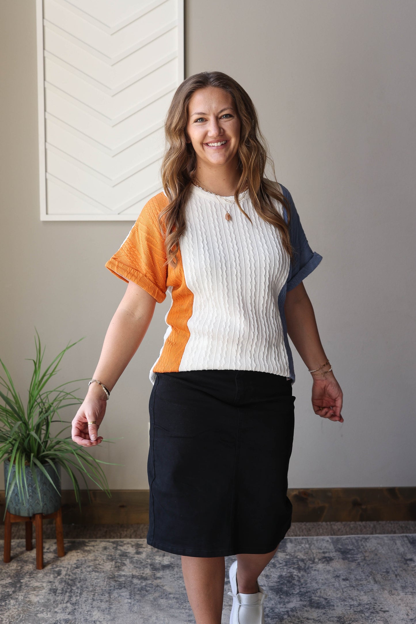 Blue Textured Colorblock Top; XL