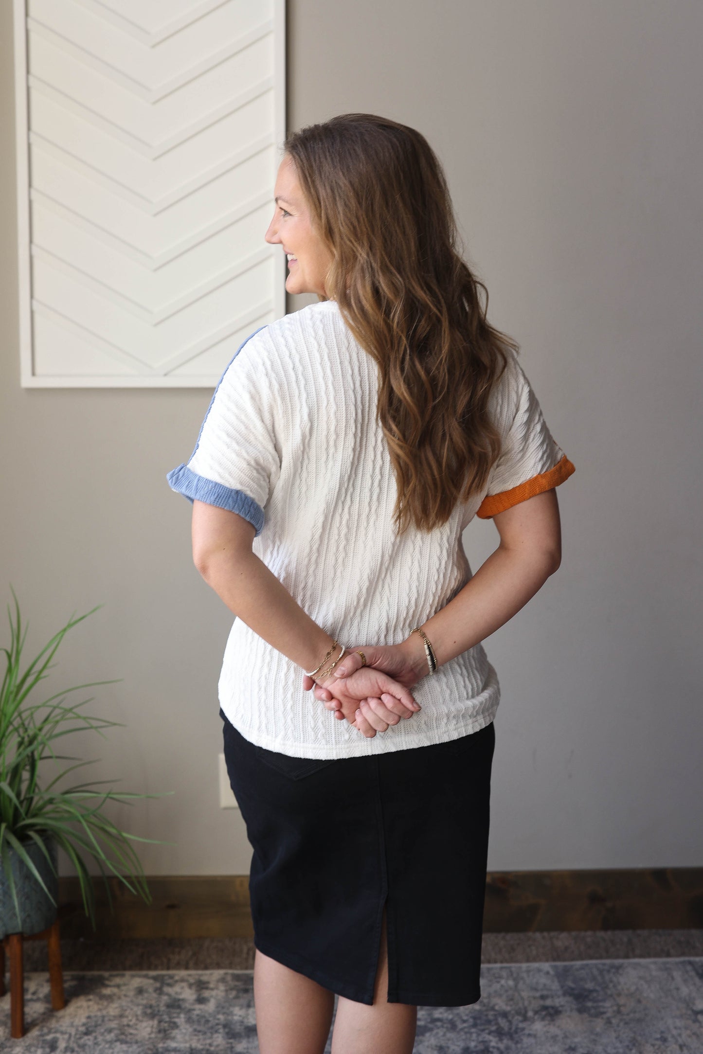 Blue Textured Colorblock Top; XL