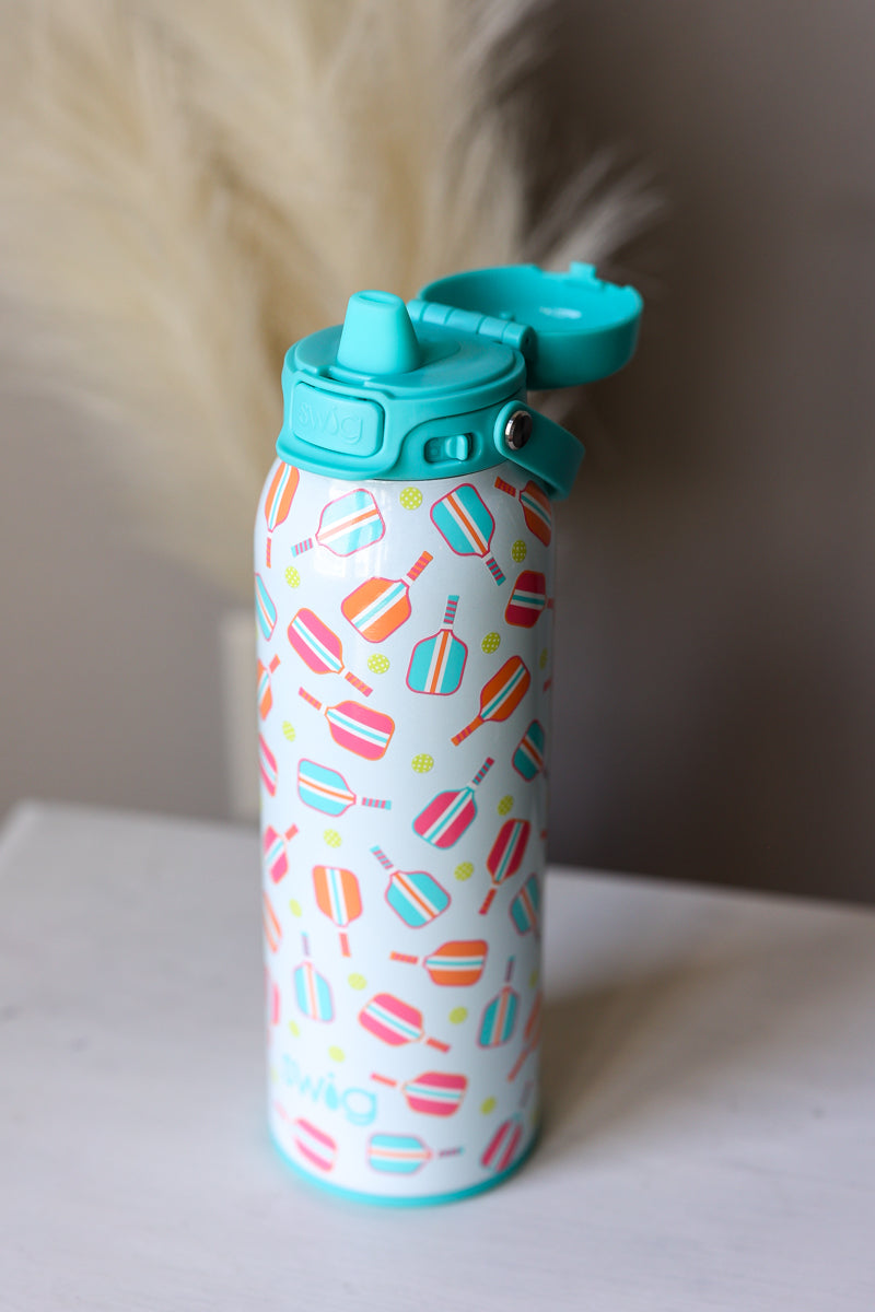 Colorful water bottle with a pickleball paddle board pattern on a white surface