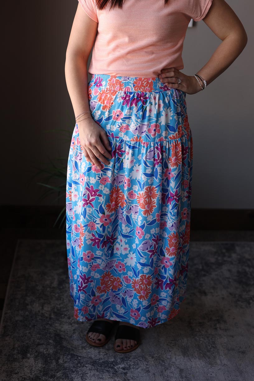 Blue Coral Floral Split Wrap Maxi Skirt