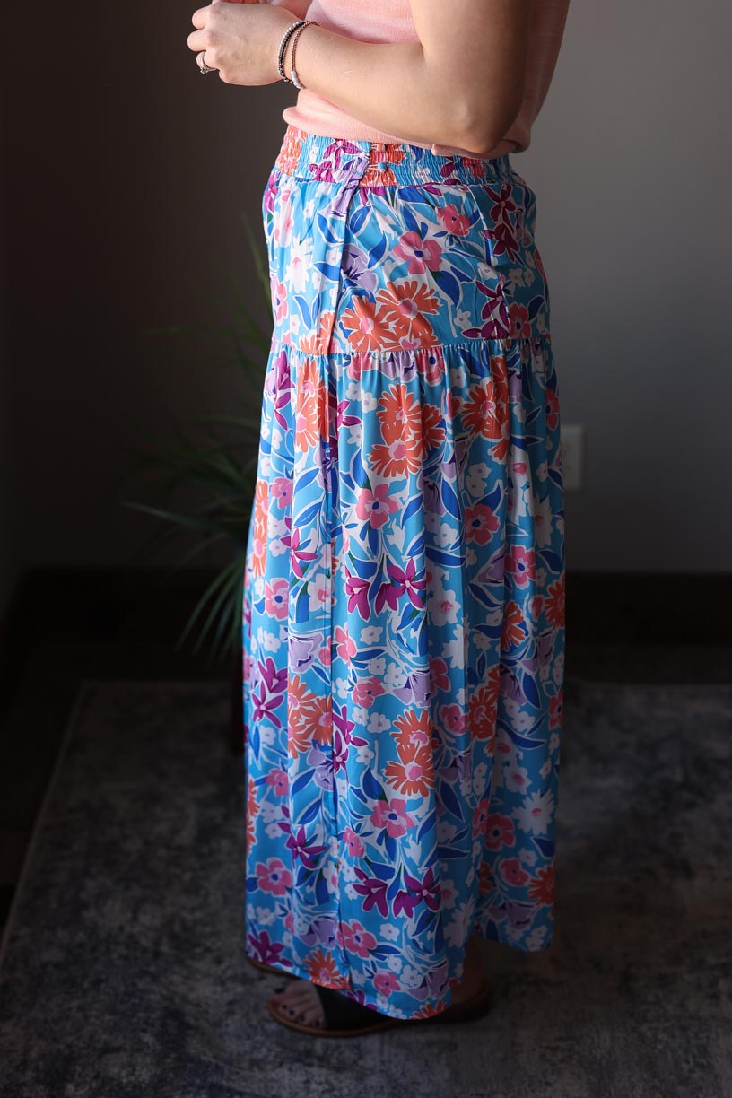 Blue Coral Floral Split Wrap Maxi Skirt