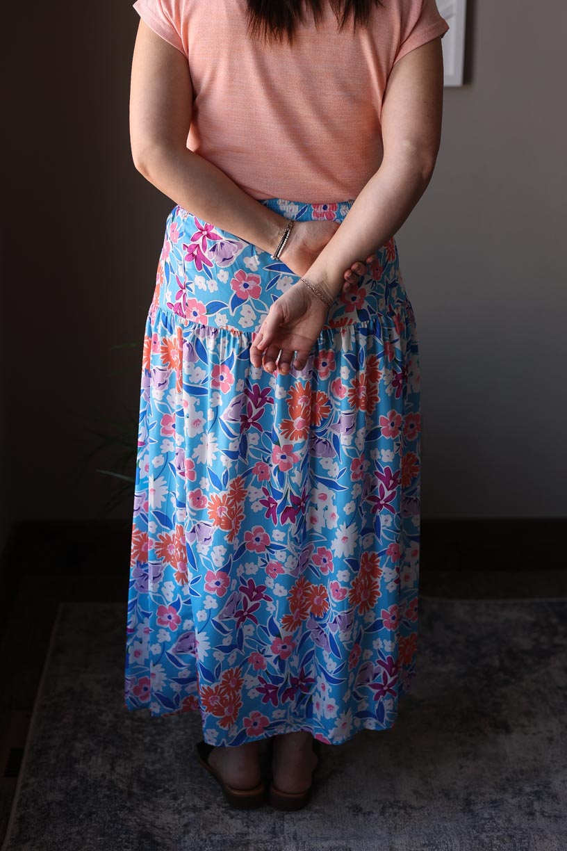 Blue Coral Floral Split Wrap Maxi Skirt