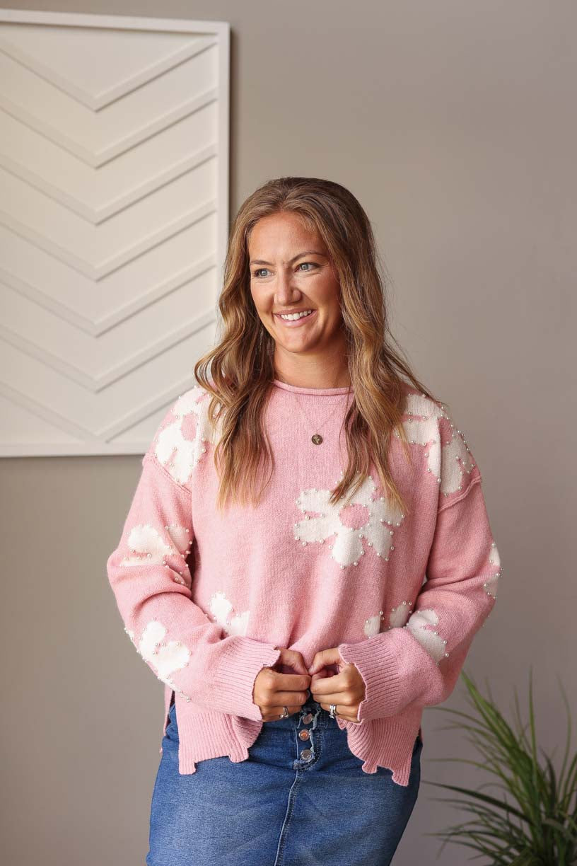 Pink Pearl Beaded Floral Sweater, Lg, XL