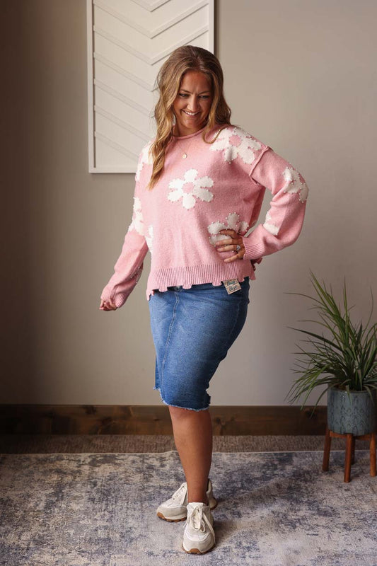 Pink Pearl Beaded Floral Sweater, Lg, XL