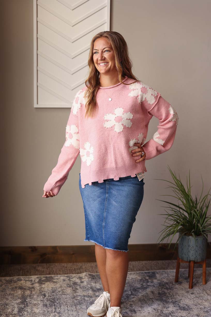 Pink Pearl Beaded Floral Sweater, Lg, XL