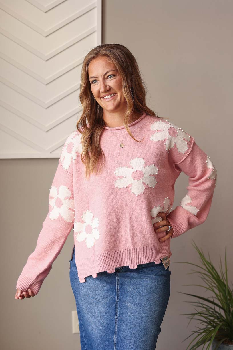 Pink Pearl Beaded Floral Sweater, Lg, XL