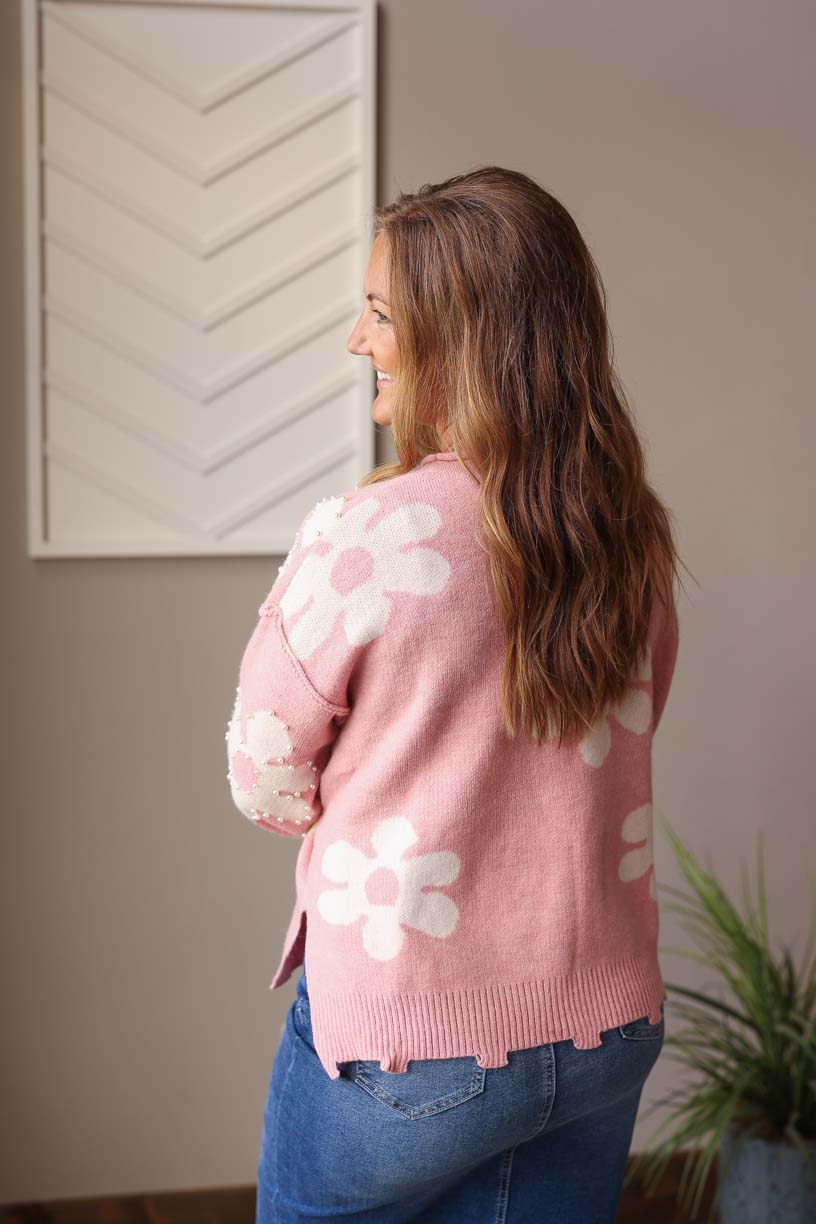 Pink Pearl Beaded Floral Sweater, Lg, XL