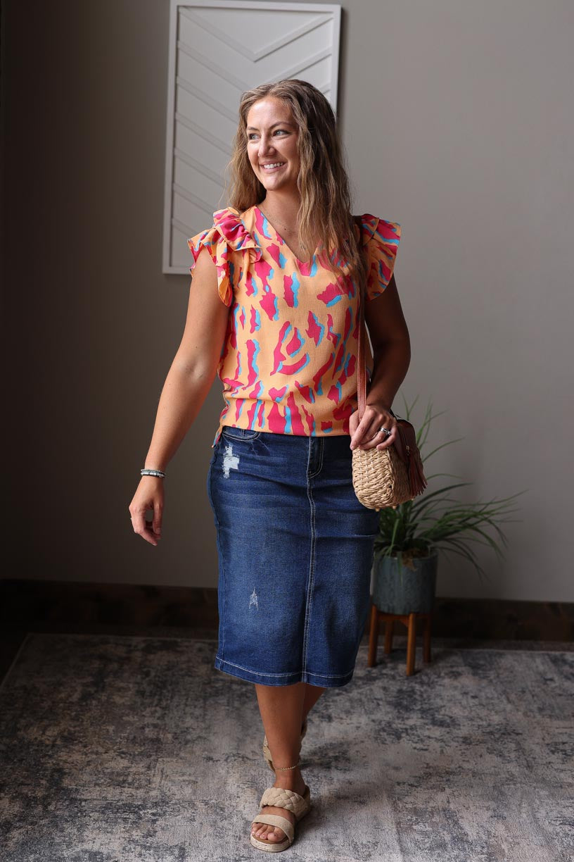 Orange Abstract Print V-Neck Ruffle Sleeve Top; S