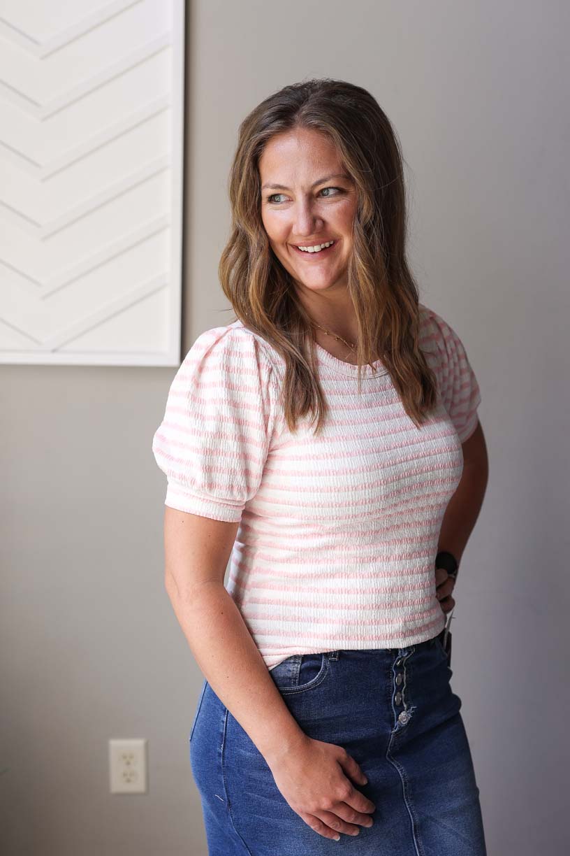 Pink Stripe Textured Puff Sleeve Top