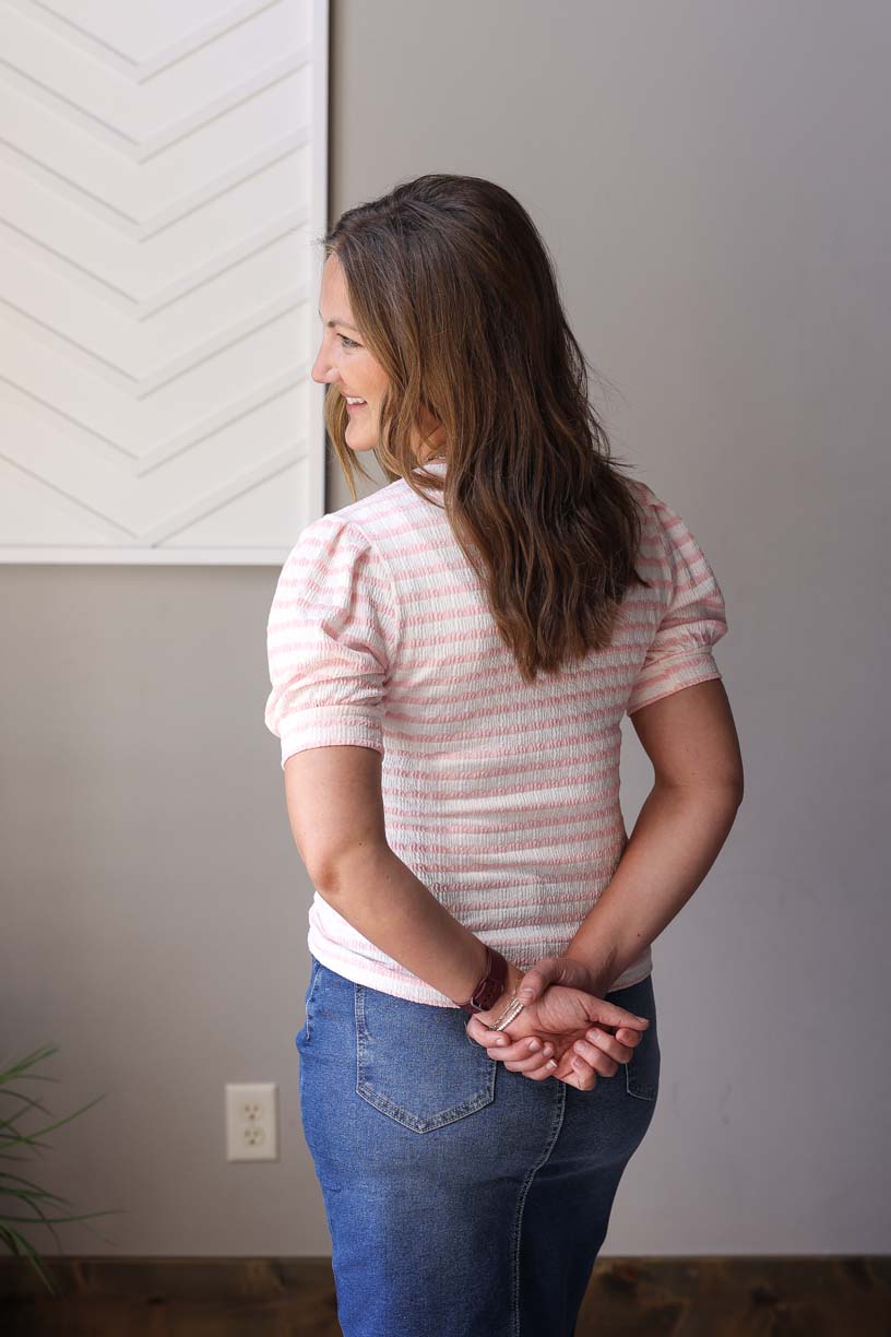 Pink Stripe Textured Puff Sleeve Top