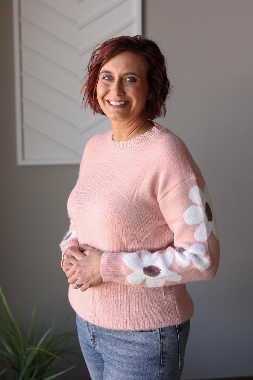 Dusty Pink Flower Sleeve Sweater, S-2XL PLUS