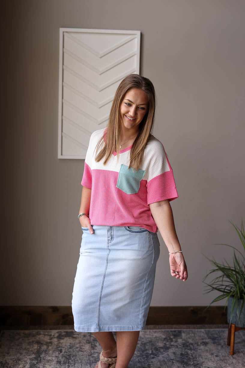 Stay stylish and cool this summer with our Rose Colorblock V-Neck Corded Top. The cheerful rose pink color, paired with white and light blue contrast, gives off a happy and simple vibe. Made with the ultimate summer fabric, the corded material, this casual top is perfect for any summer day. Classy closet modest women's apparel in Hull Iowa