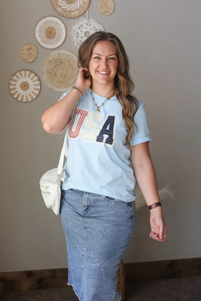 sky blue USA lace detail short sleeve top wtih tidal wash americana denim skirt