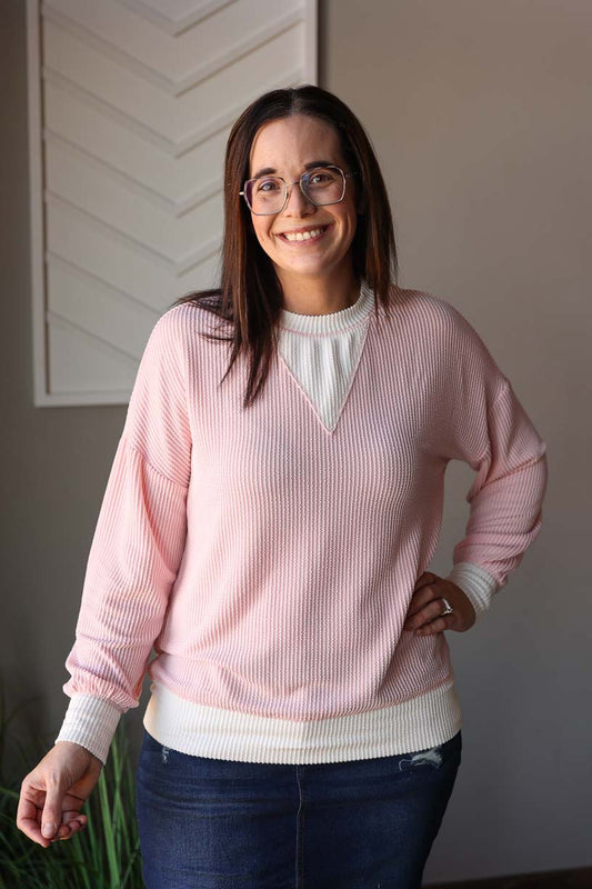 Coral Pink Corded Colorblock Top, S-2XL PLUS