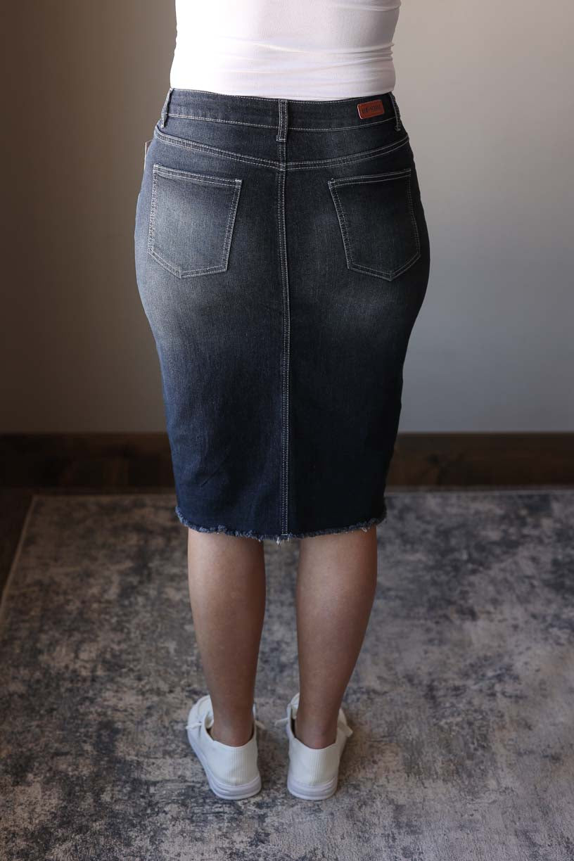 Fray Button Fly Midi Black Denim Skirt