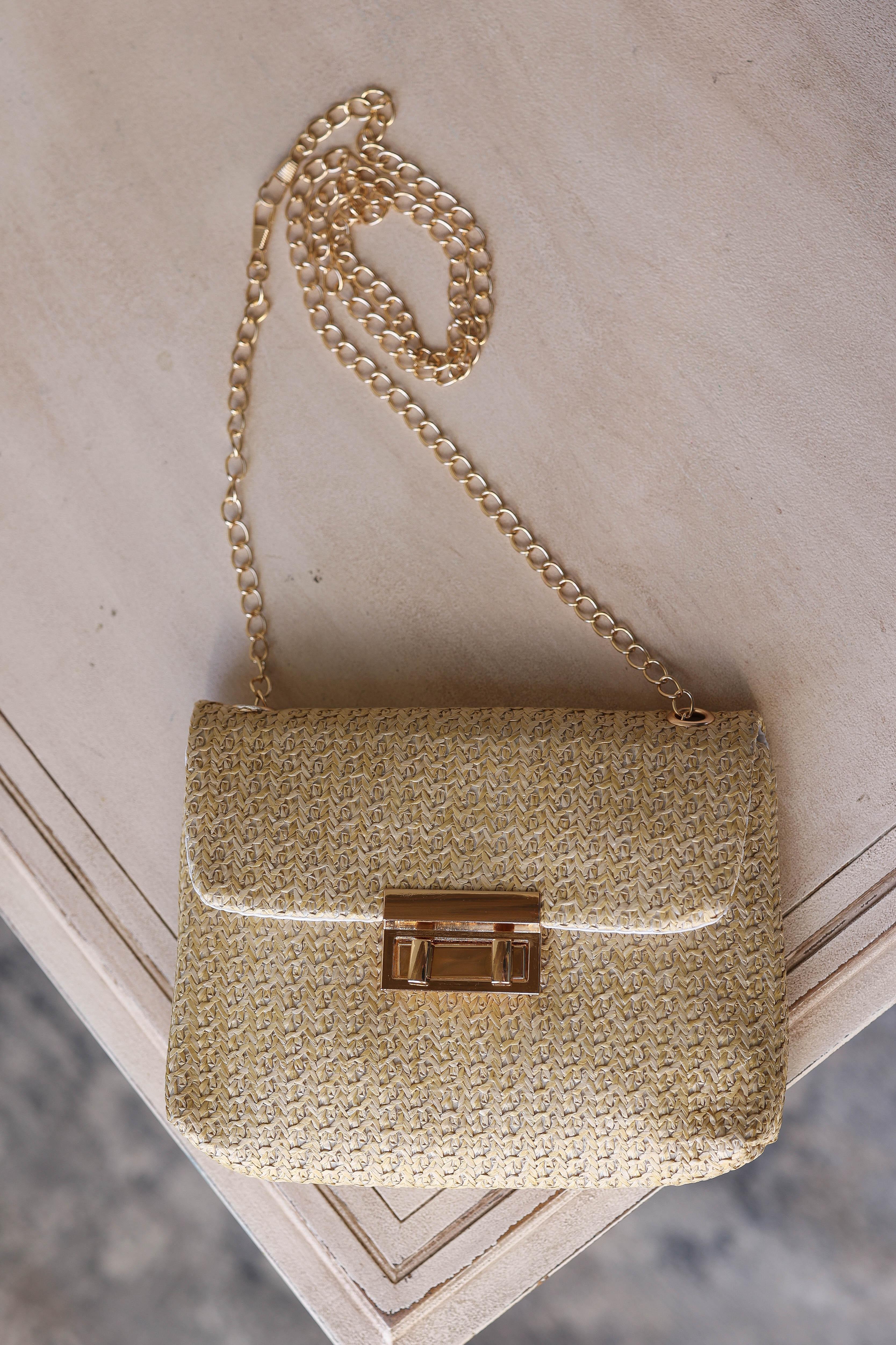 Elevate your style with our chic Camel Woven Chain Strap Purse. Perfect for events, church, dates, and more, this smaller size clutch features a stylish gold strap for a touch of elegance. Stay fashionable and organized on the go with this fun accessory. Classy Closet online clothing boutique for cute affordable spring tops 2025. hull iowa