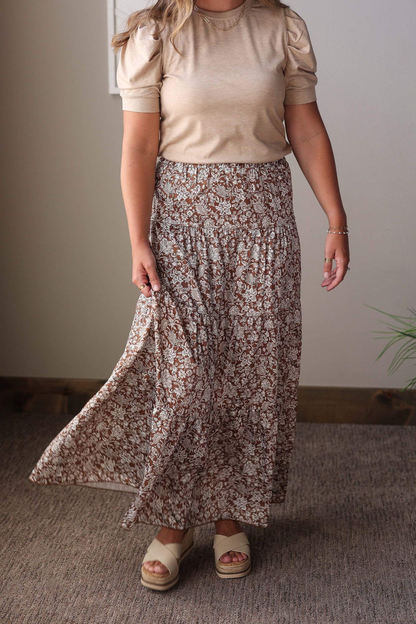Brown Floral Ruffled Maxi Skirt