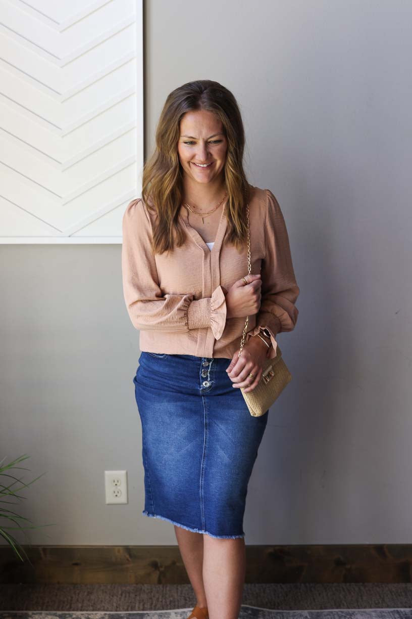 Caramel Shirred Cuff Long Sleeve Blouse