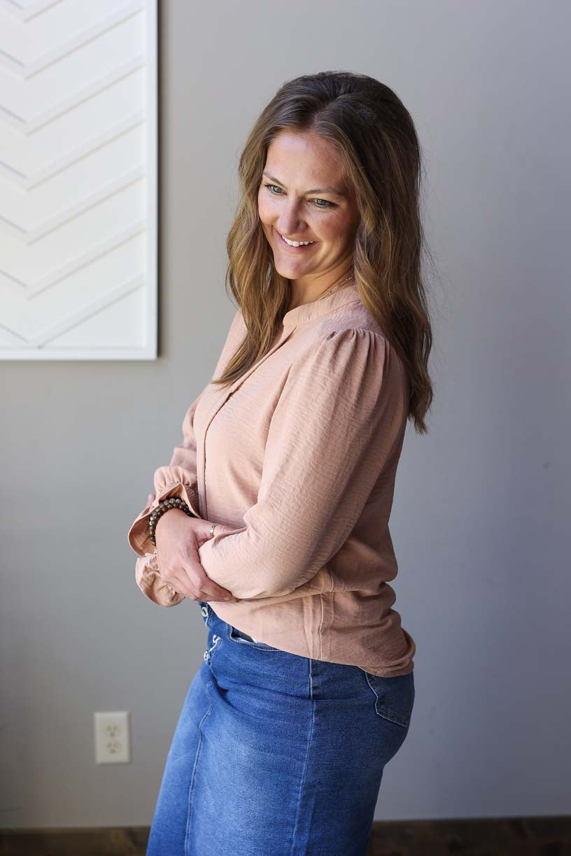 Caramel Shirred Cuff Long Sleeve Blouse
