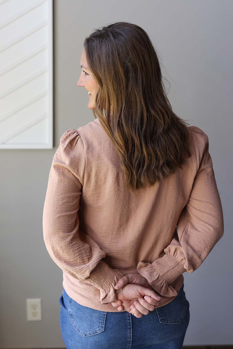 Caramel Shirred Cuff Long Sleeve Blouse