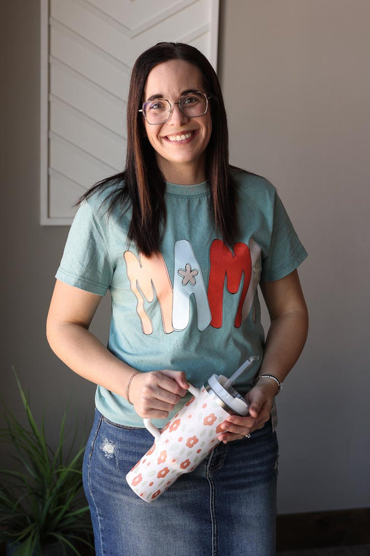 Teal "Mama" Mineral Wash Tee; Lg