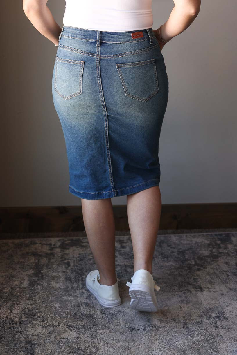 Vintage Wash Solid Stretch Midi Denim Skirt