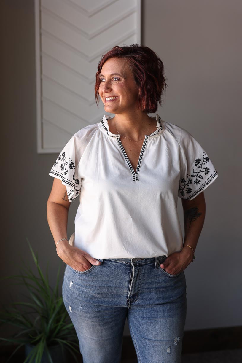 White Black Embroidered Sleeve Detail Top