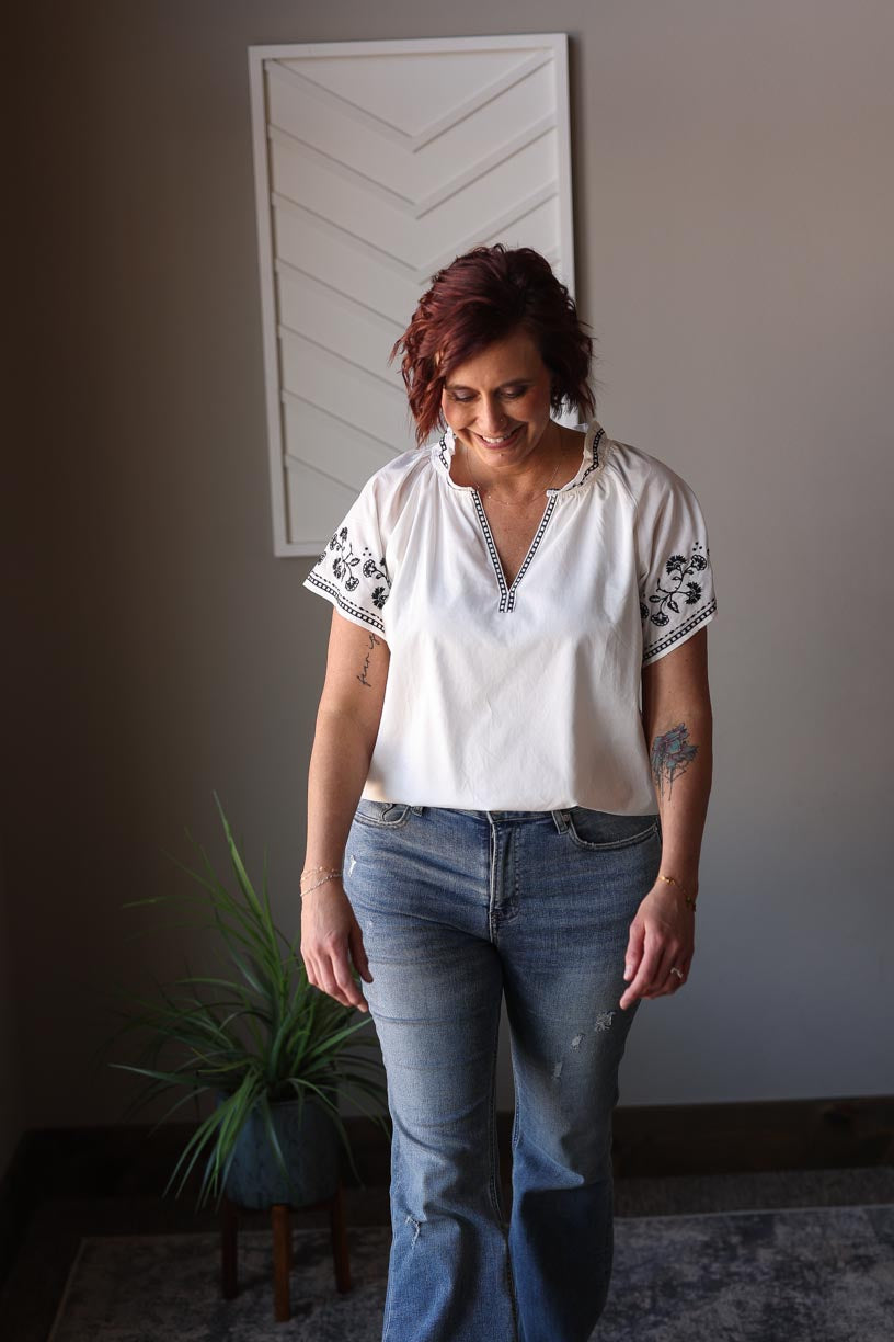White Black Embroidered Sleeve Detail Top