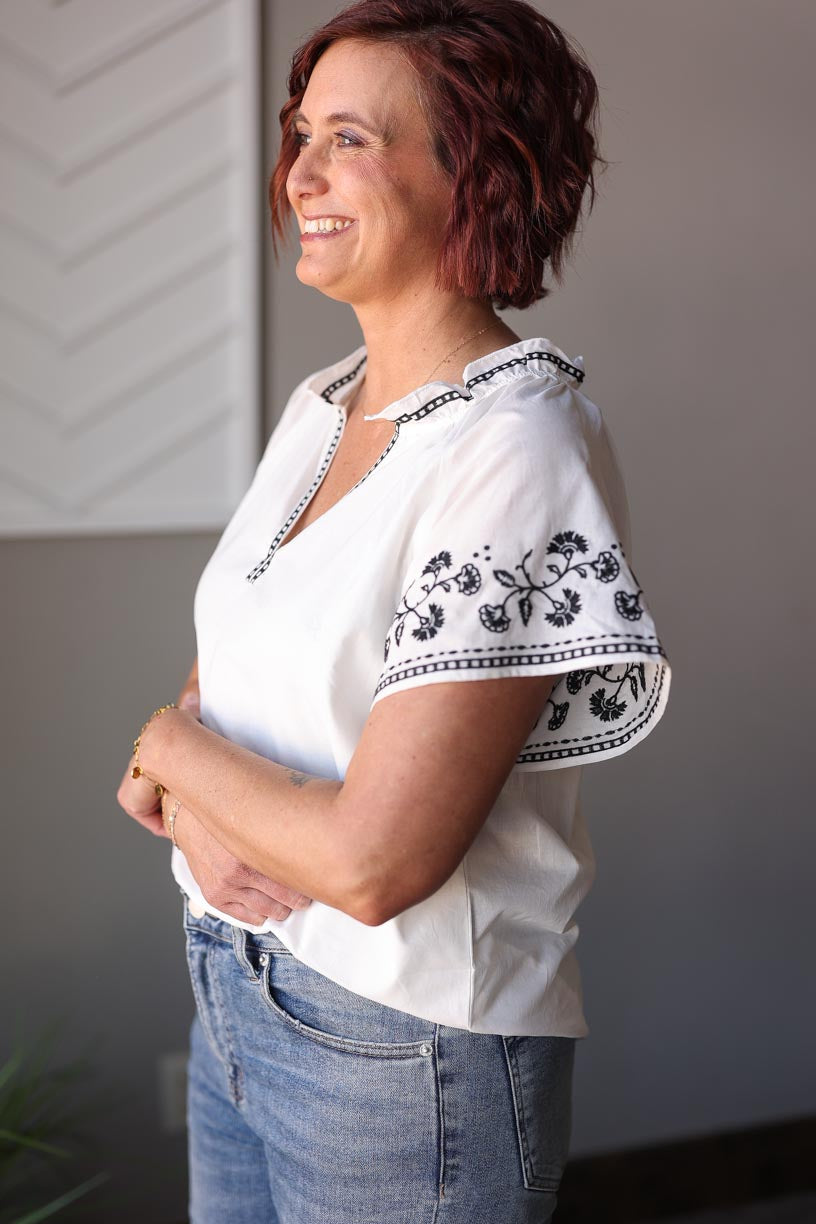 White Black Embroidered Sleeve Detail Top