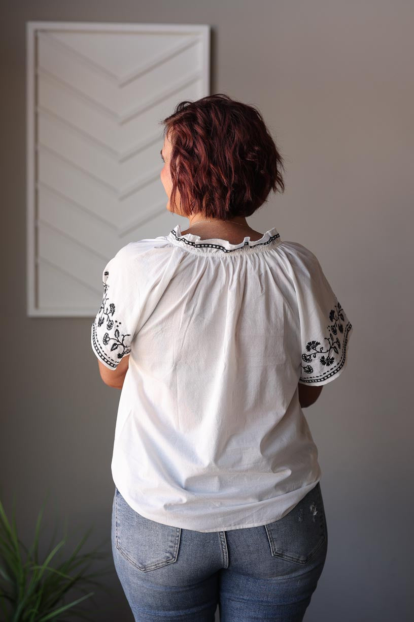 White Black Embroidered Sleeve Detail Top