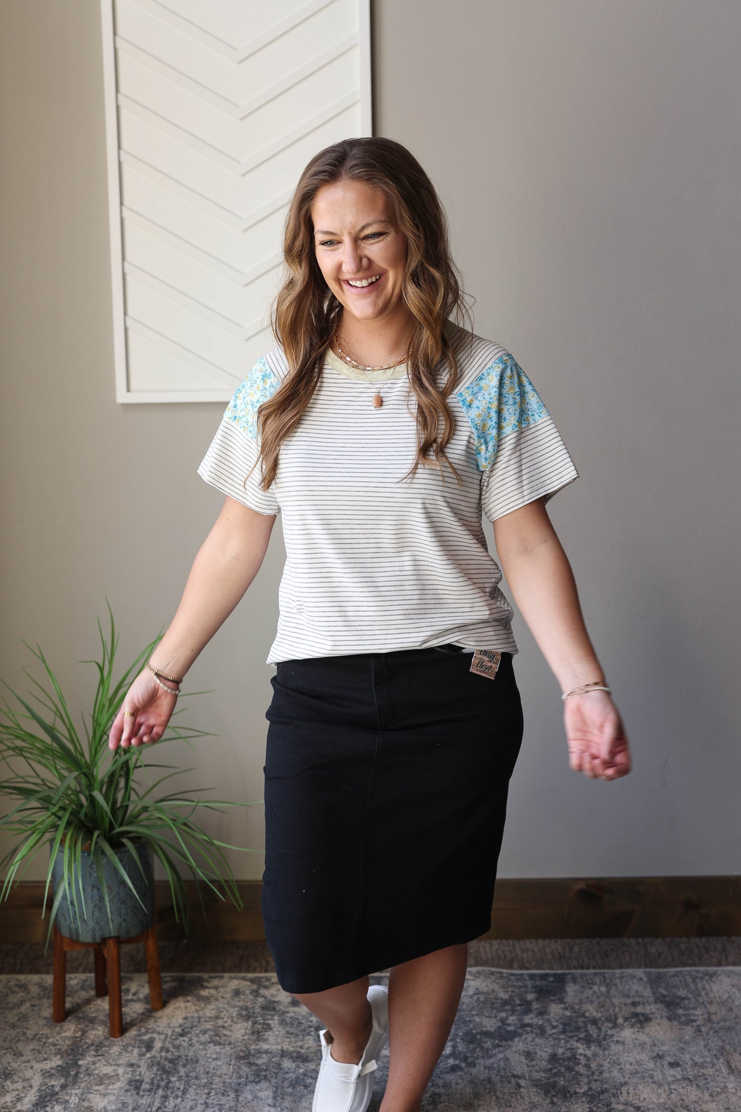 White Stripe Floral Insert Sleeve Top, Small